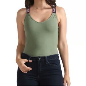 Tommy Hilfiger Olive Green Bodysuit Size M Logo Strap Stretch Bodysuit